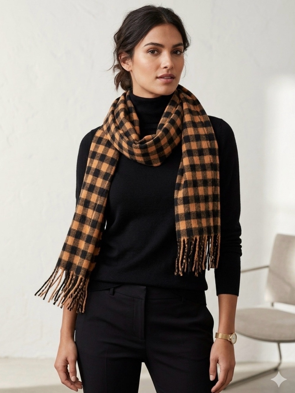 Calvin Klein Black & Camel Checked Fringe Scarf